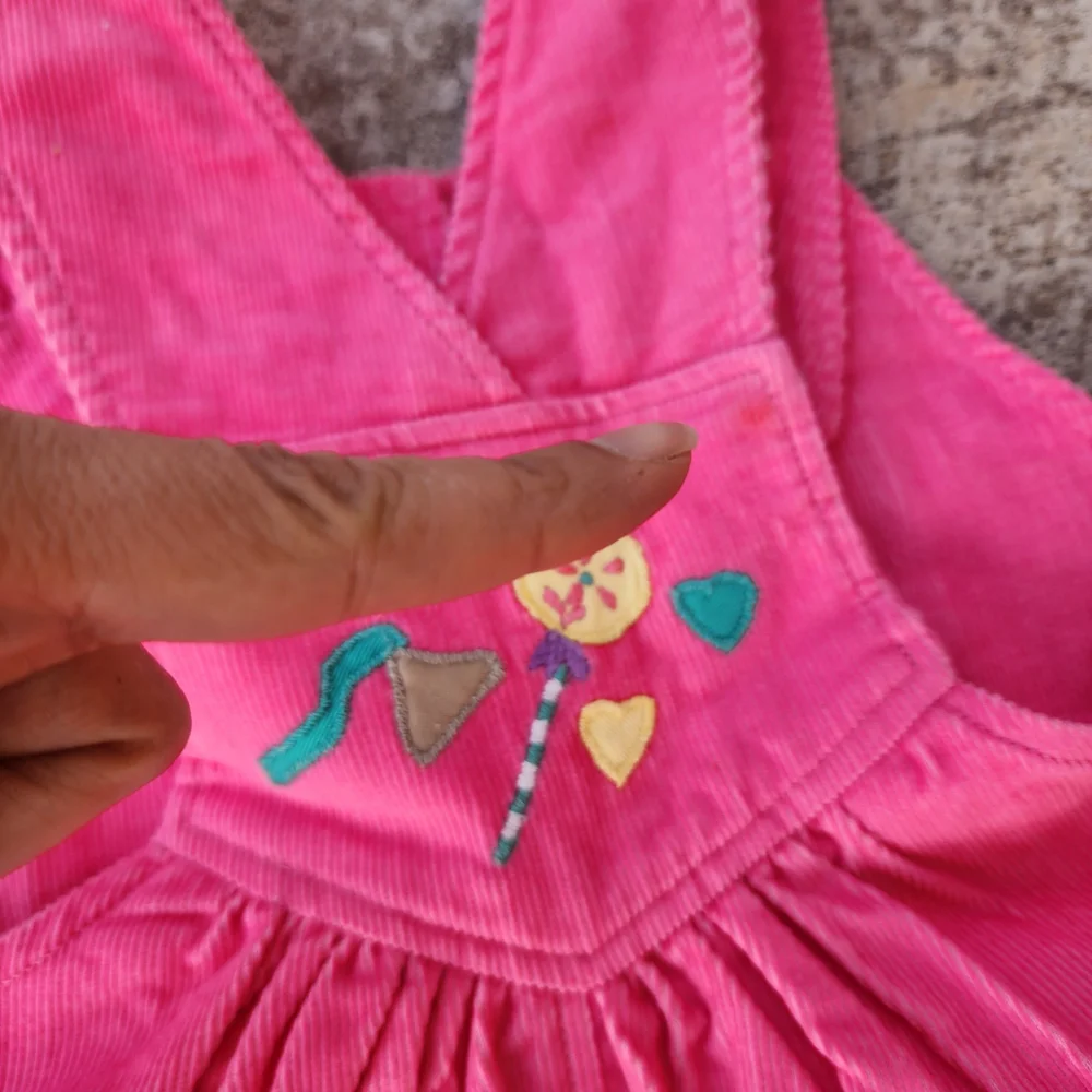 Vintage Joyeux Gamins Happy Kids Pink Corduroy Candy Embroided Dress,‎ Sz 6